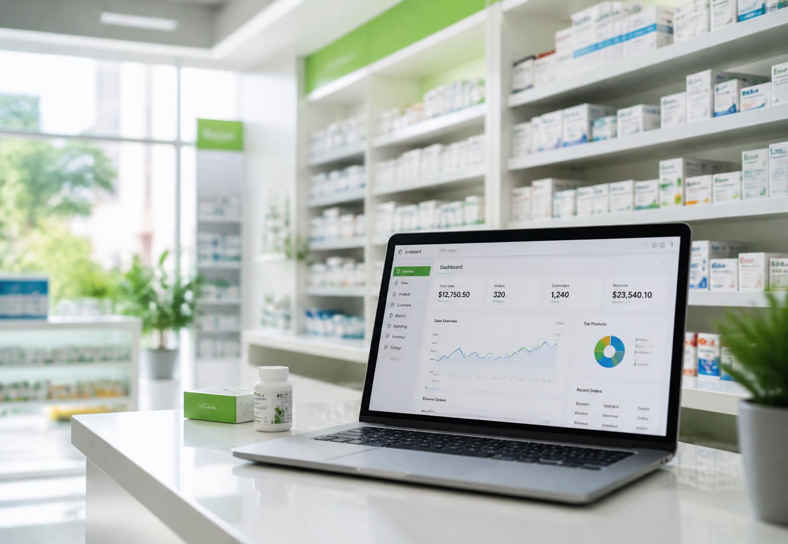 Pharmacie moderne utilisant le logiciel PharmaCloud sur un ordinateur